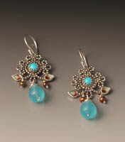 earrings of turquoise, blue quartz, pearl
 and enamel.